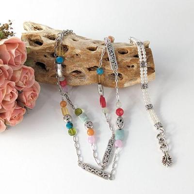 Brighton Silver Plated Multi Color Bead Necklace & Brighton Lady Jane Faux Pearl Double Strand Toggle Bracelet