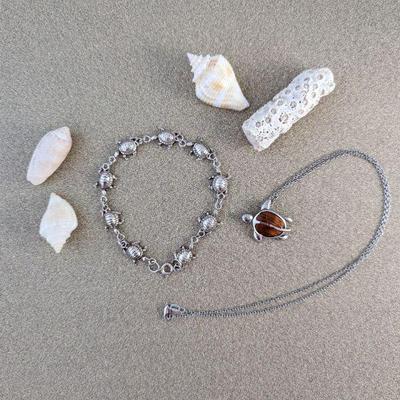 Sterling Silver Honu Pendant with Koa Wood Inlay & Sterling Chain & Sterling Turtle Bracelet