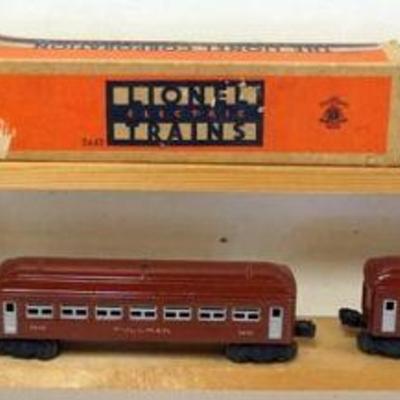 1142	LIONEL O GAUGE 3 TRAIN CARS, #2442 PULLMAN, #2443 OBSERVATION
