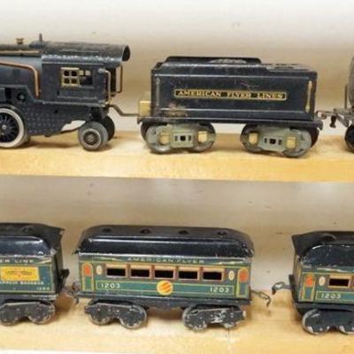 1155	AMERICAN FLYER O GAUGE TRAIN LOCOMOTIVE AND TENDER WITH #118 TANKER, #1202 BAGGAGE, #1203 PASSENGER
