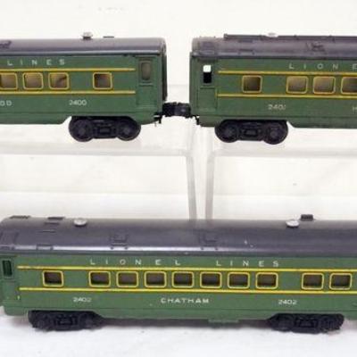 1104	LIONEL O GAUGE  3 TRAIN CARS, #2400 MAPLEWOOD, #2401 HILLSIDE, #2402 CHATAM
