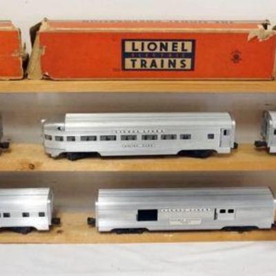 1136	LIONEL O GAUGE TRAIN CARS, #2534 SILVER BLUFFS, #2531 SILVER DAWN, #2532 SILVER RANGE, #2530 RAILWAY EXPRESS, #2533 SILVER CLOUD
