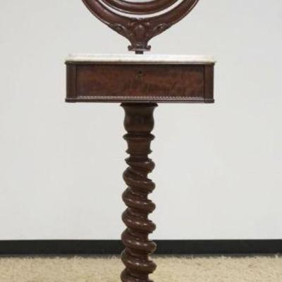 1102	ORNATE VICTORIAN GENTLMENS WALNUT SHAVING STAND, MARBLE TOP W/BARLEY TWIST COLUMN & CARVED SCROLLED LEGS, MIRROR SWIVELS &...