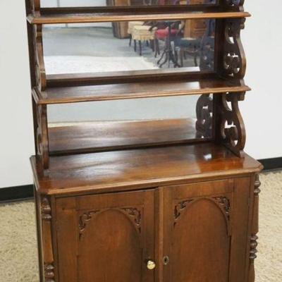 1101	VICTORIAN ROSEWOOD & WALNUT CABINET, 2 PART, MIRROR BACK, TOP W/FRETWORK CUT OUT SIDES & GALLERY, APPROXIMATELY 34 IN X 16...