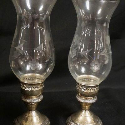 1239	STERLING SILVER WEIGHTED CANDLESTICKS WITH ETCHED GLASS URRICANE SHADES, APPROXIMATELY 9 1/2 IN H
