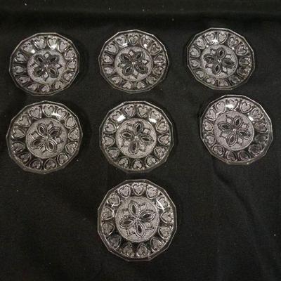 1173	PRESSED SANDWICH GLASS CUP PLATES, GROUP OF 7, LARGEST APPROXIMATELY 3 1/2  IN
