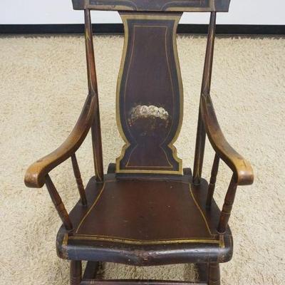 1149	PAINT DECORATED & STENCILED ROCKER, PLANK BOTTOM, SIGNED UNDERNEATH JH BOYD'S CHAIR FACTORY HARRISBURG PA
