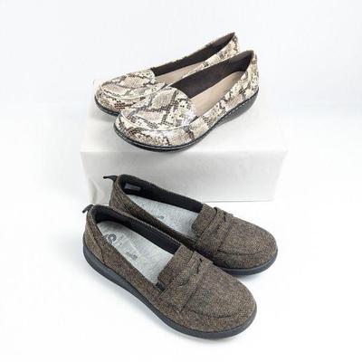 Clarks Cloudsteppers Slip-on Brown Herringbone Loafers & Collection Ashland Jam Slip-On Loafers, Women's Size 9.5W