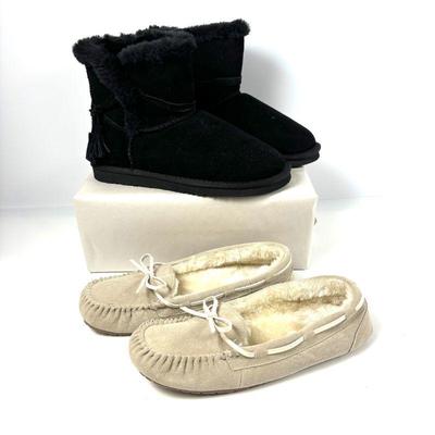 Lamo Thalia Black Suede Faux Fur Ankle Boots & Stars Above Suede & Faux Fur Slippers Size 10, New Without Tags