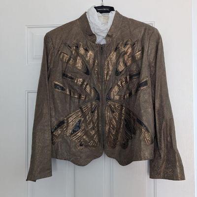 Pamela McCoy Marion Fiume 21" Butterfly Embellished Bronze/Brown Leather Jacket, Women's Size 2X Like New