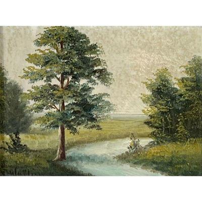 AMERICAN SCHOOL OIL LANDSCAPE | Oil on artists board, possibly signed lower left (indistinctly), in a silvered frame 