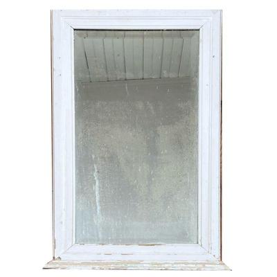 BEVELED GLASS MIRROR | Beveled glass mirror in white frame with base.