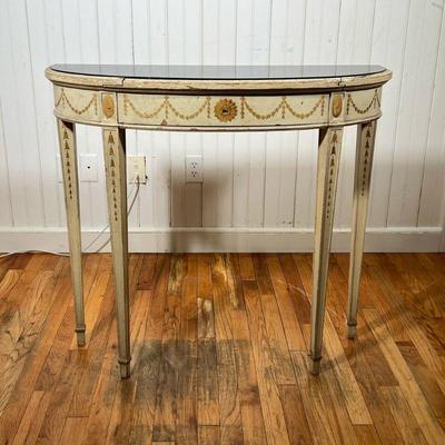 ANTIQUE PAINTED DEMILUNE TABLE | Black glass covering top.  Dovetailed drawer. 