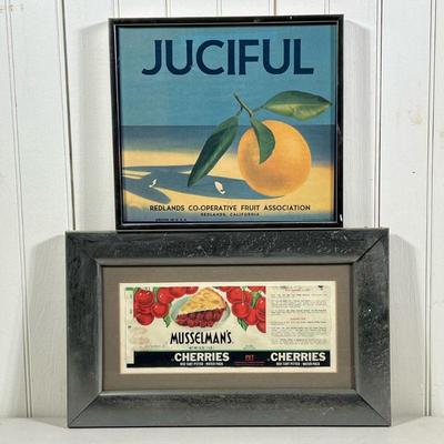 (2PC) FRAMED FRUIT LABELS | Framed fruit labels including Juiciful, Redlands, CA and Musselmanâ€™s Cherries