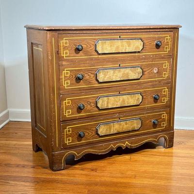 ANTIQUE COTTAGE PAINTED CHEST | 19th C. Cottage Chest having 4 full width drawers with painted geometric pattern and carved wooden relief...