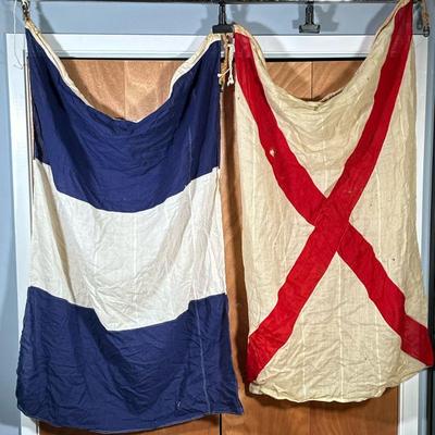 (2PC) VINTAGE NAVAL SIGNAL FLAGS NUMBER 9 & VICTOR | The Blue & White flag is Royal Navy Signal "#9".  The Red X on...