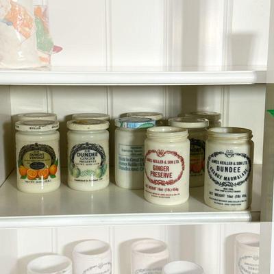 (10PC) DUNDEE MARMALADE JARS LOT 1 | Dundee marmalade jars and a James Keller ginger preserve jar *NOTE* Faded items in lead photo are...