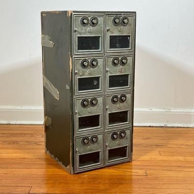 VINTAGE POST OFFICE BOXES | Having 8 small compartments on 4 shelves with locking metal doors with 2 alphabetical locks on each door...