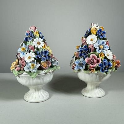 (2PC) PAIR POTTERY FLORAL ARRANGEMENTS | Pair of pottery floral arrangements.  Marked "Bassano" on underside