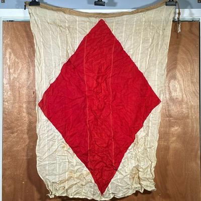 (1PC) VINTAGE MARITIME SIGNAL FLAG FOXTROT | Vintage white sailing signal flag with red diamond shape in middle representing...