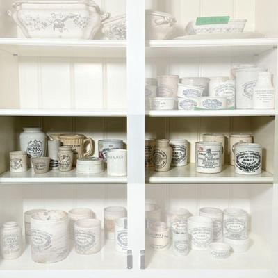 (17PC) ANTIQUE ENGLISH POTTERY JARS | Marmalade and other jars, boxes, and pitcher *NOTE* Faded items in lead photo are NOT in this lot