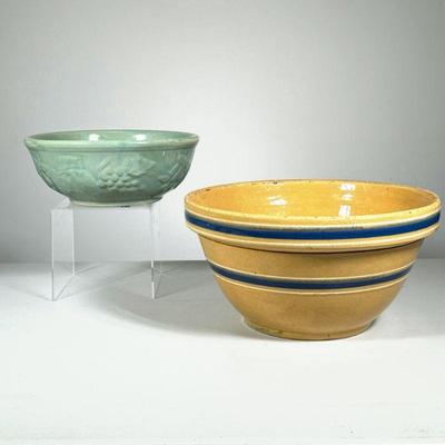 (2PC) YELLOW WARE BOWL LOT | Vintage Yellow Ware mixing bowl with blue bands.  Smaller green pottery bowl marked USA