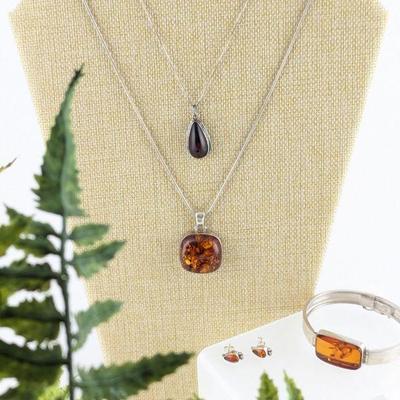 Sterling Silver & Amber Jewelry Lot - 2 Necklaces, 1 Bracelet, & Earrings