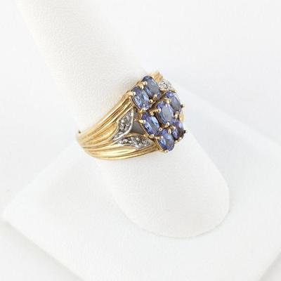 Jam Creations 10K Yellow Gold Tanzanite & Diamond Cluster Ring Vintage Gold Ring with Blue Gemstones - Intricate Design, Collectible...