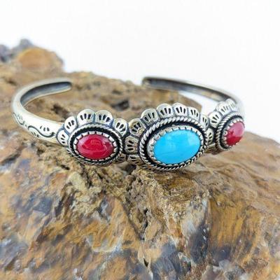 Relios Inc. Carolyn Pollack Sterling Silver Turquoise & Coral Cuff Bracelet