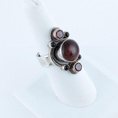 Sajen Sterling Silver Garnet, Onyx & Rutilated Quartz (Cat's Eye) Ring
