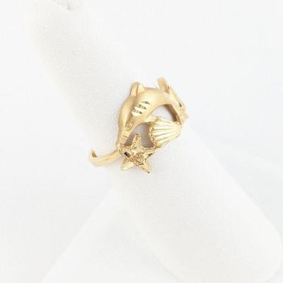 14K Yellow Gold Dolphin Starfish Seashell Sand Dollar Ring