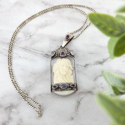 Sajen Sterling Silver Carved Bone, Ethiopian Welo Opal, Rainbow Moonstone, Amethyst & Blue Topaz Necklace