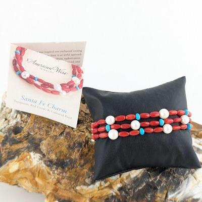 American West by Relios Inc. Carolyn Pollack Brass "Santa Fe Charm" Turquoise, Red Coral & Cultured Pearl Bracelet