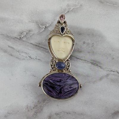 Sajen Sterling Silver & Natural Stone Goddess Face Brooch/Pendant