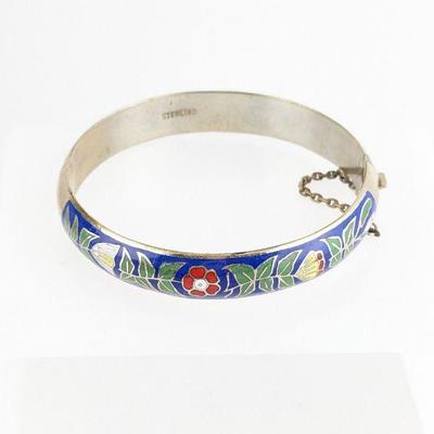 Vintage Enamel Floral Sterling Silver Bangle Bracelet