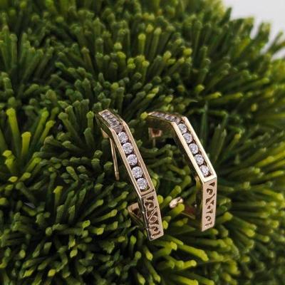 Hexagonal 10K Yellow Gold & CZ Hoop Earrings
