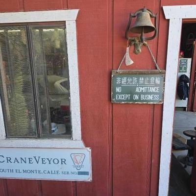 #2500 â€¢ Vintage Cast Iron Bell with Bull and (2) Metal Signs
