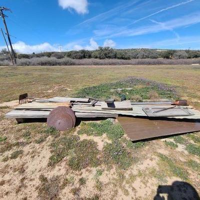 #2542 â€¢ Wood, Corrugated Metal, Farm Disc Blades
