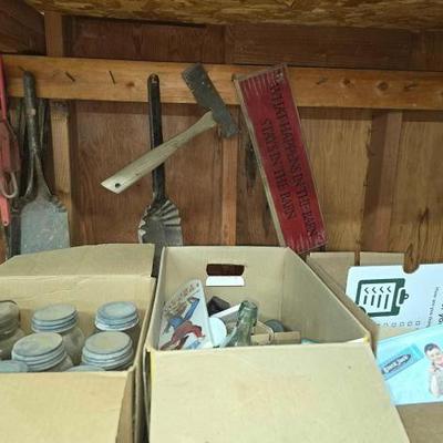 #2430 â€¢ Mason Jars, Glass Bottles, Wooden Barn Sign
