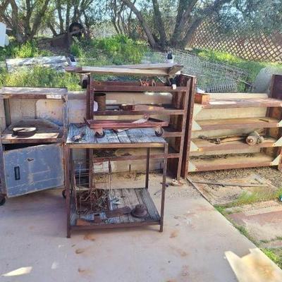 #2580 â€¢ (2) Metal Shelving Racks, Rolling Cart, Work Station
