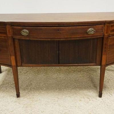 1187	ANITQUE MAHOGANY ENGLISH SIDEBOARD HAVING 5 DRAWERS & TAMBOR SLIDE CENTER, BANDED INLAID DRAWERS, TAMBOR GUIDES IN NEED OF...