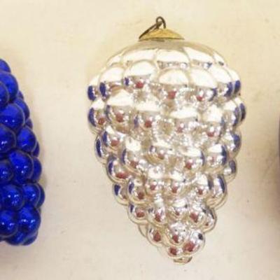 1113	ANTIQUE GERMAN GLASS KUGEL CHRISTMAS ORNAMENTS, GRAPE CLUSTERS  APPROXIMATELY  4 IN AND PEAR APPROXIMATELY 4 IN
