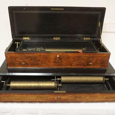 1142	ANTIQUE SWISS CYLINDER MUSIC BOX ON BASE W/DRAWER, CASE BURLWOOD & INLAY W/EBONIZED FINISHED TRIM, DRAWER CONTAINS 2 ADDITIONAL...
