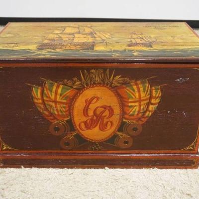 1169	H.M.S. ROYAL WOOD HAND PAINTED CHEST DEPICTING A SEA CHEST W/IMAGES OF SAILING SHIPS ON LID, APPROXIMATELY 37 IN X 21 IN X 22 IN HIGH
