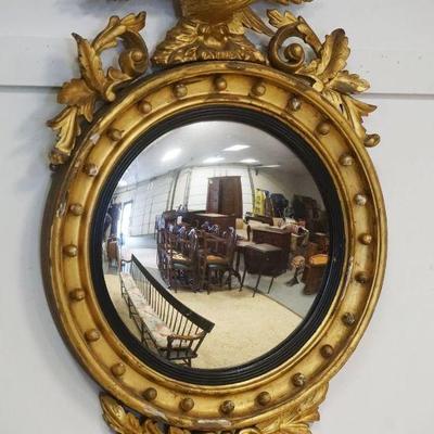 1180	ANTIQUE GILT FEDERAL *BULLSEYE* CONVEX MIRROR W/CARVED EAGLE & SCROLLED LEAFED VINE ON CREST, LOSS TO GILTING, APPROXIMATELY 30...