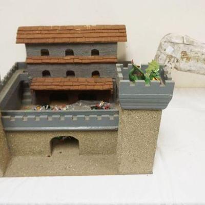 1290	WOOD MEDIEVAL CASTLE W/FIGURES, APPROXIMATELY 20 IN SQUARE X 16 IN & FOLK ART HORSE
