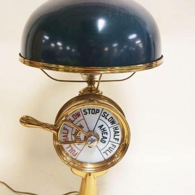 1123	ANTIQUE BRASS SHIPS TELEGRAPH FASHIONED INTO A LAMP WITH GREEN CASE GLASS SHADE, APPROXIMATELY 27 IN H
