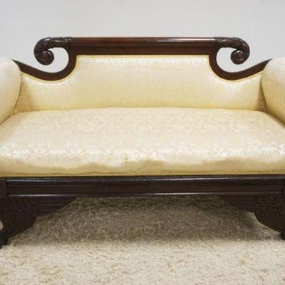 1188	ANTIQUE FEDERAL MAHOGANY UPHOLSTERED SOFA W/CARVED SWAN ARMS & WINGED CLAW FEET, UPHOLSTERY HAS WEAR, APPROXIMATELY 65 IN X 26...