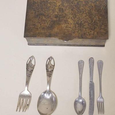 1268	CHILDS STERLING QUACK QUACK FORK & SPOON, GERMAN ALUMINUM FORK & SPOON, BOLINGER KNIFE AND INTERNATIONAL  SILVER CO BOX
