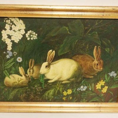 1126	ANTIQUE OIL PAINTING ON CANVAS, FAMILY OF RABBITS, APPROXIMATELY 13 1/4 IN X 18 IN OVERALL
